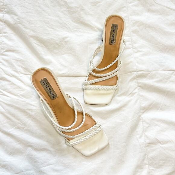 Steve Madden White Braided Strap Block Open Toe Heel Sandals Women’s Size 8 - Picture 1 of 7